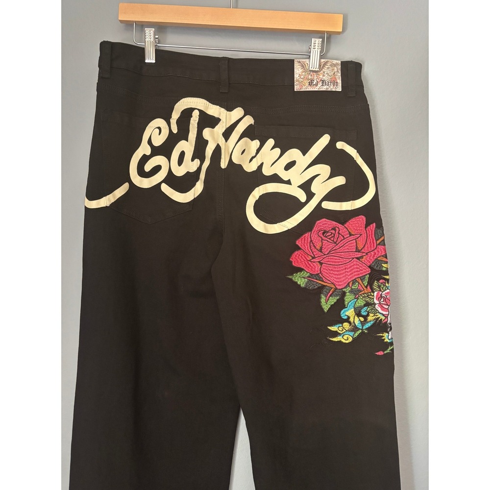 Ed Hardy Mens Black Denim Embroidered Skull Rose Wide Leg Jeans Y2K Streetwear - Picture 2 of 11
